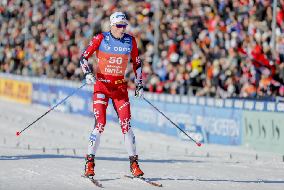 Norges Harald Østberg Amundsen går i mål under verdenscupen i langrenn, 10 km for menn i Holmenkollen. Norges Harald Østberg Amundsen går i mål under verdenscupen i langrenn, 10 km for menn i Holmenkollen.Foto: Christoffer Andersen / NTB