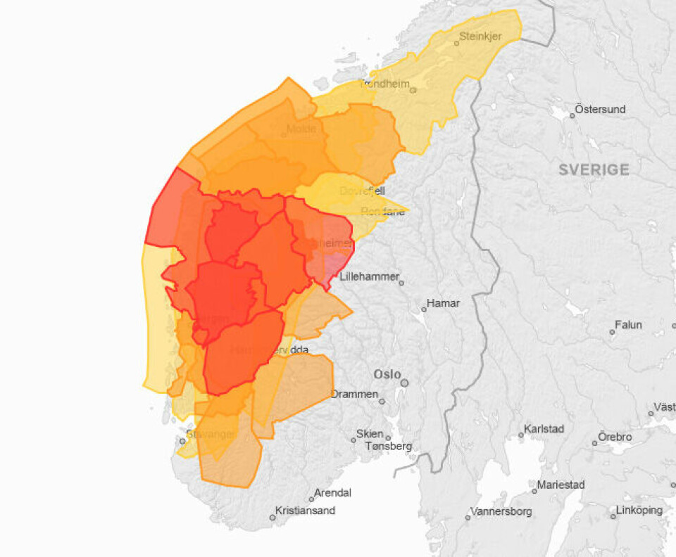 Det er sendt ut farevarsel om mye regn samt jord, sørpe- og flomskred for deler av Møre og Romsdal, Vestland og Rogaland fylke. Det er sendt ut farevarsel om mye regn samt jord, sørpe- og flomskred for deler av Møre og Romsdal, Vestland og Rogaland fylke.Foto: Varsom.no / handout / NTB.