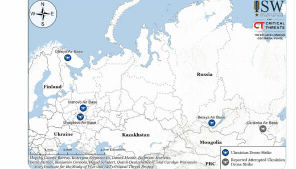 Tankesmia ISW har lagt ut dette kartet som geografisk viser de russiske basene der Ukraina angrep søndag.