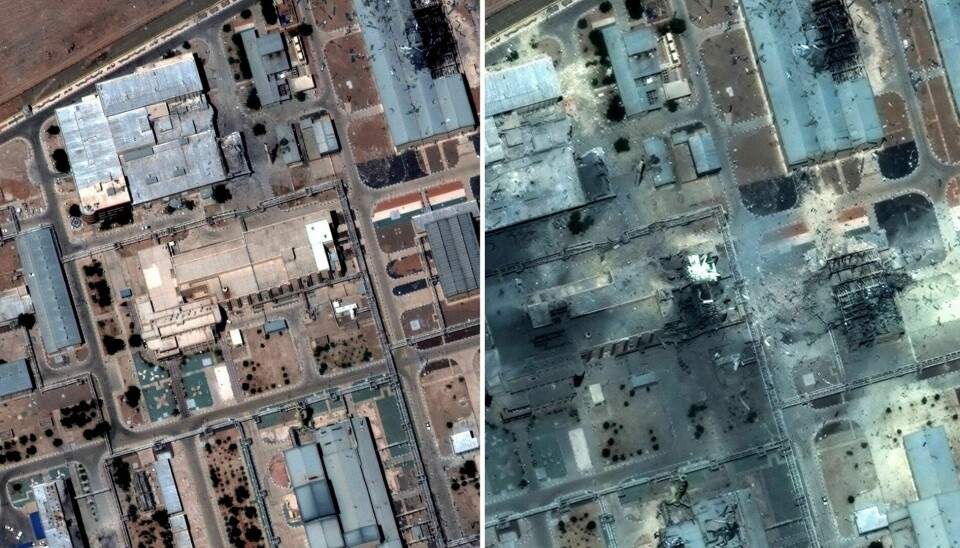 Bildet til venstre viser hvordan atomanlegget i Isfahan i Iran så ut før USAs bombing. Bildet til høyre viser atomanlegget etter angrepet.